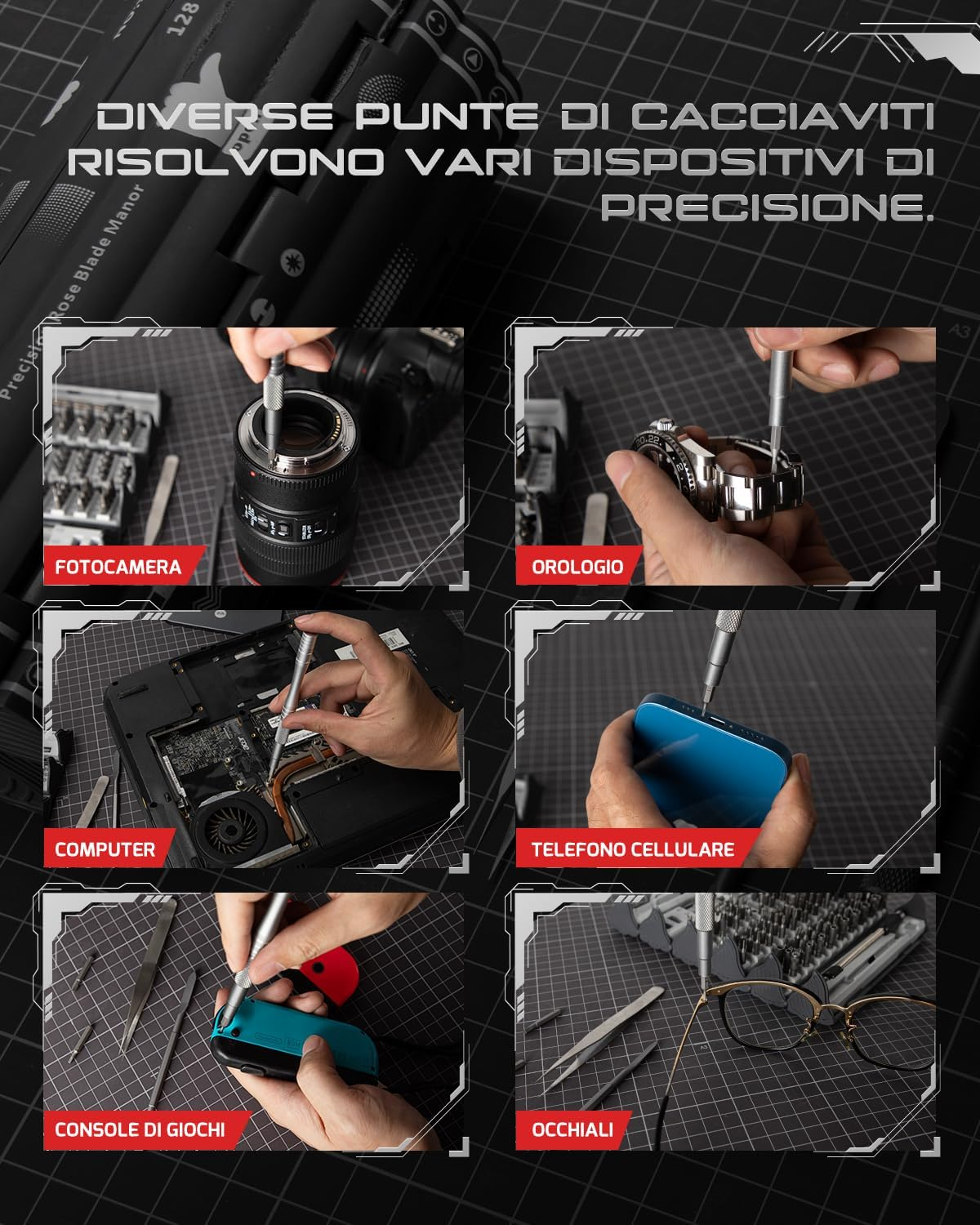 Sei strumenti di precisione: fotocamera, orologio, computer, telefono, console, occhiali.