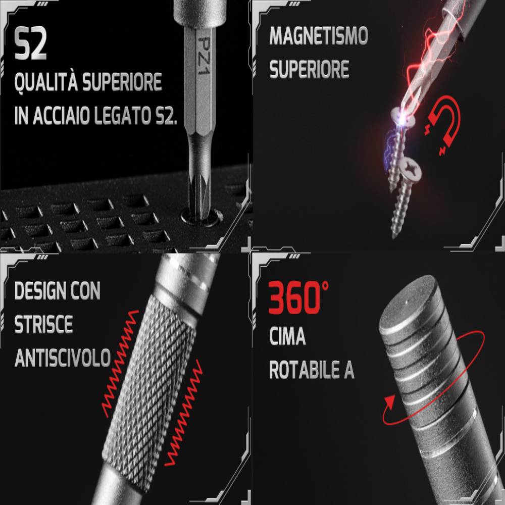 Primo piano di un cacciavite con punta PZ1, forte magnetismo e impugnatura antiscivolo.