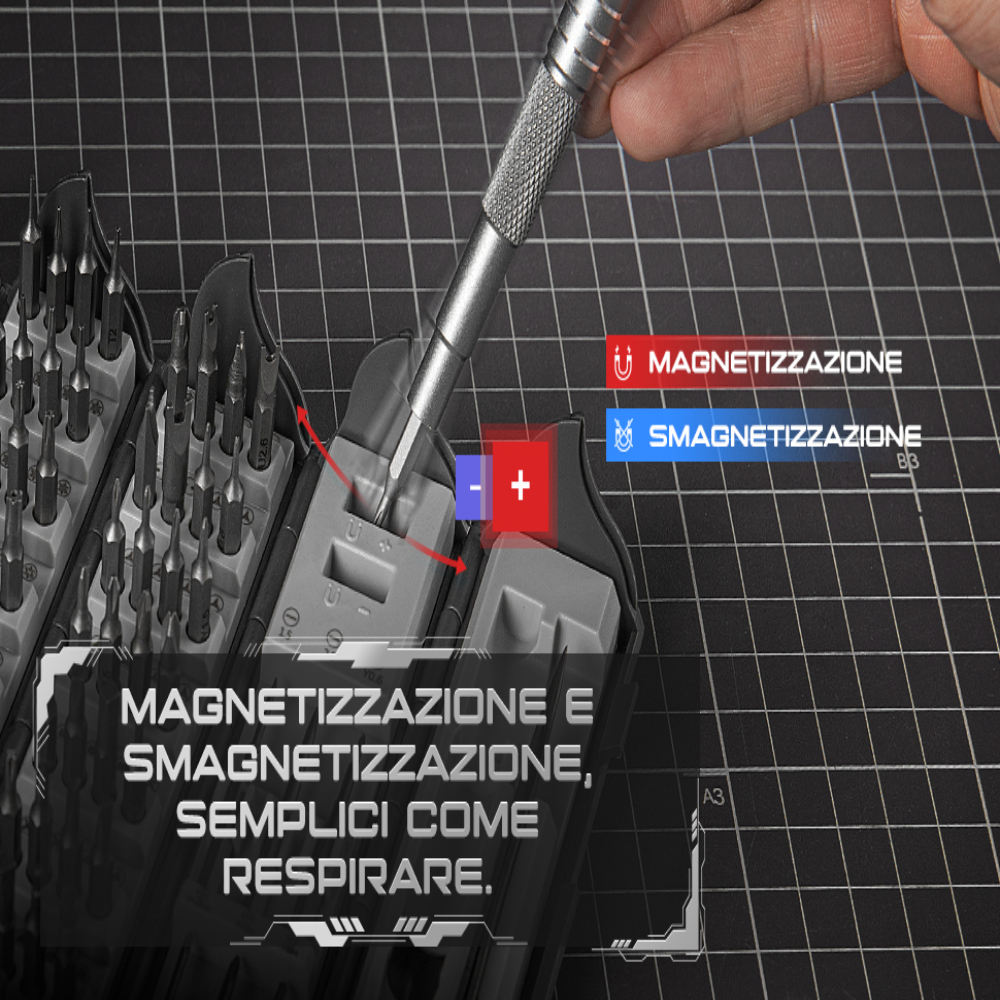 Un cacciavite si avvicina a un magnetizzatore/smagnetizzatore per utensili.