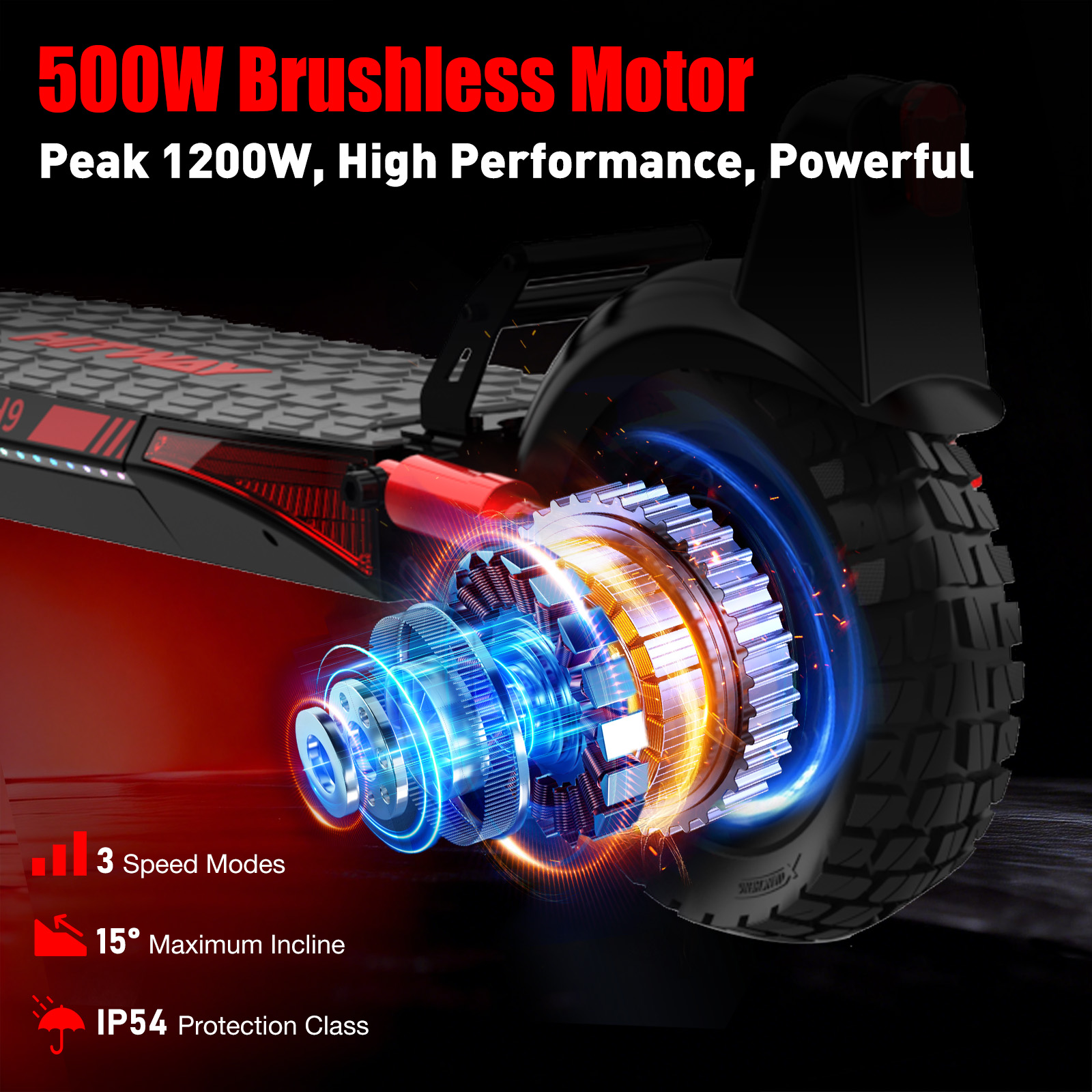 Electric scooter motor with 500W, 3 speed modes, 15° incline, IP54.