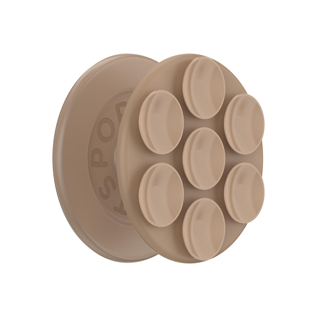 Un'impugnatura per telefono beige con sette ventose e una base più grande.