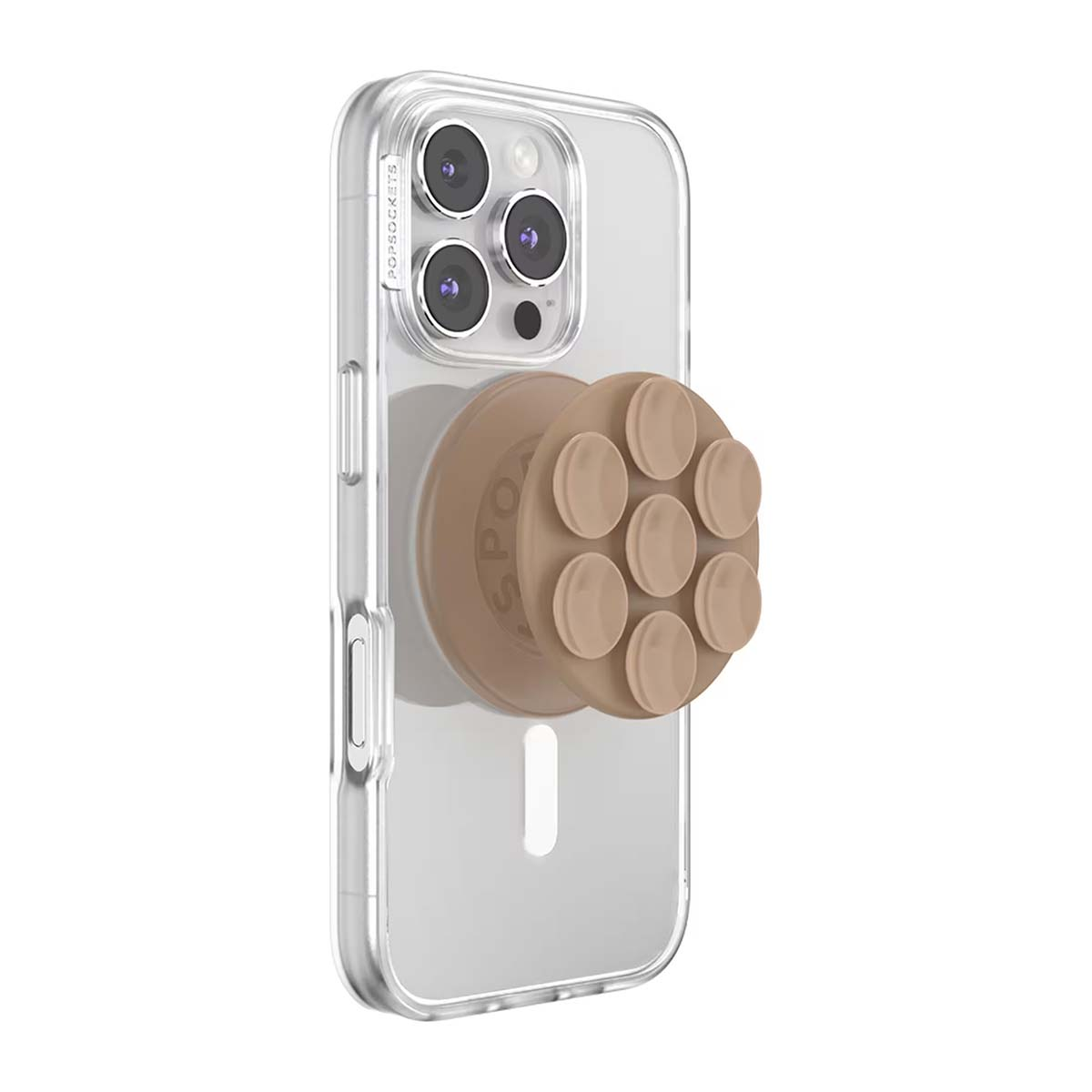 Una cover trasparente per telefono con un PopSocket color cuoio a sei ventose.