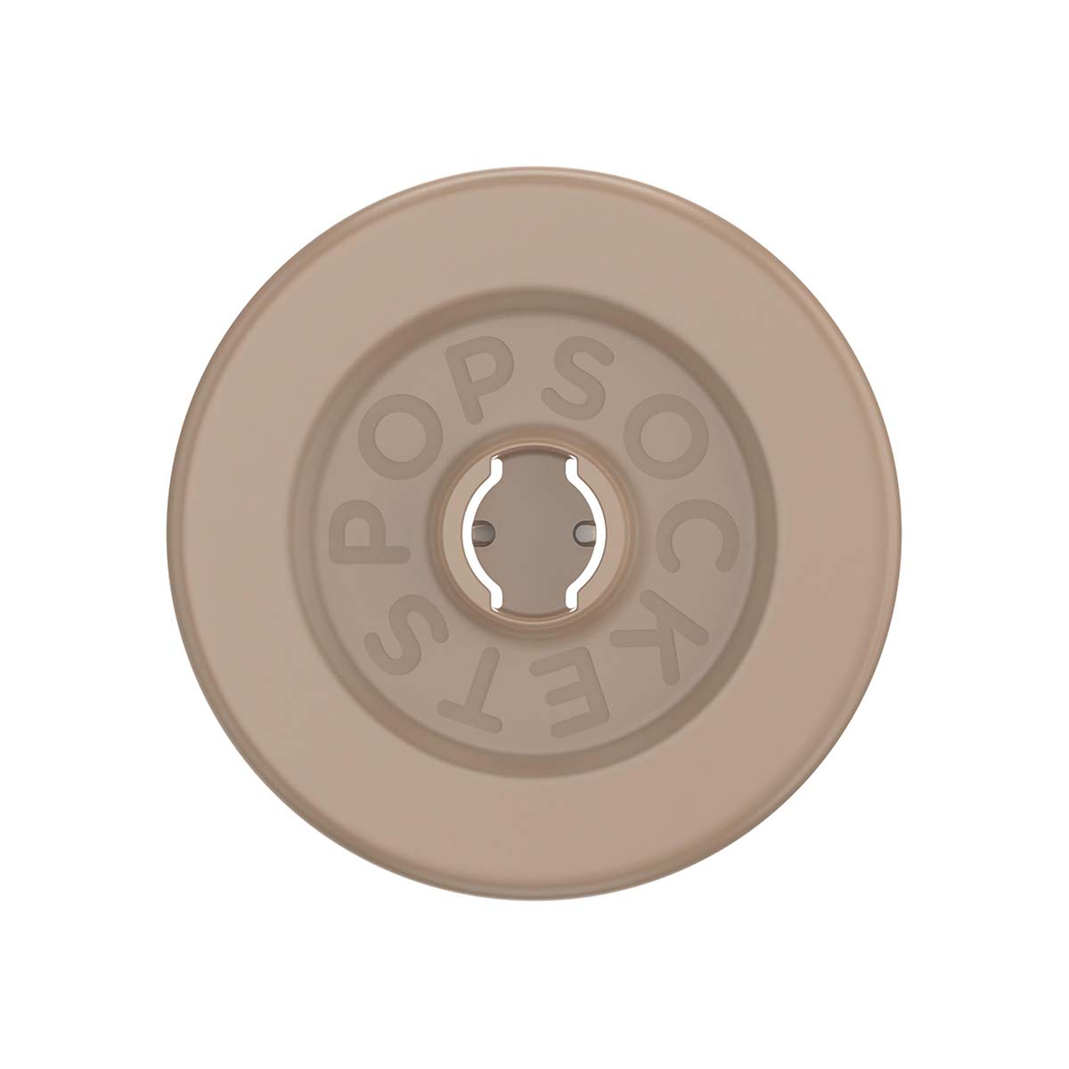 Un'impugnatura PopSocket beige con logo in rilievo su sfondo bianco.
