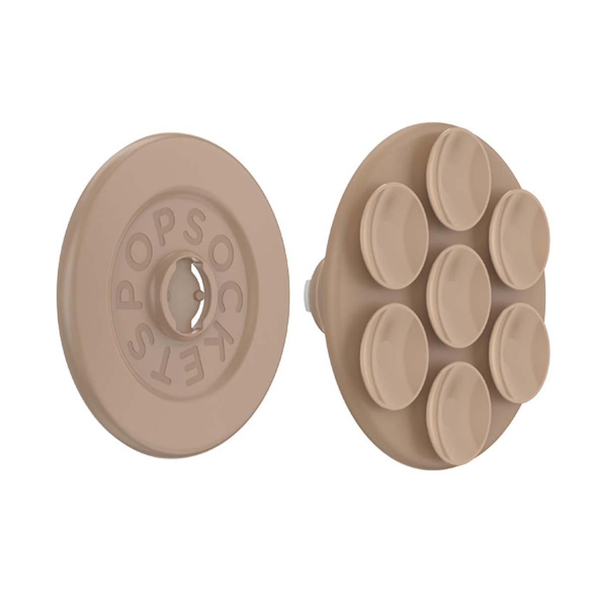Due PopSocket color cuoio su sfondo bianco. Uno con testo, l'altro con ventose.