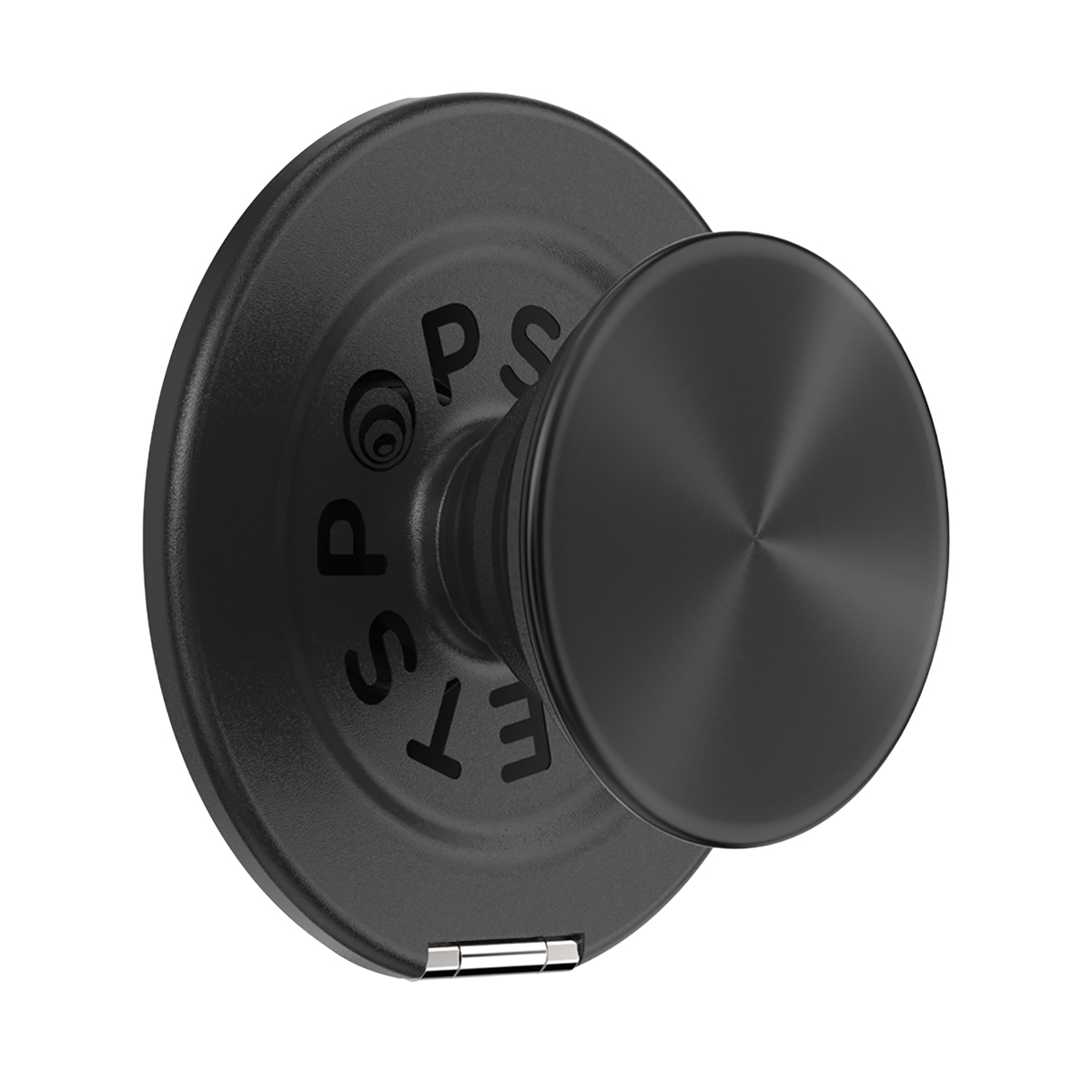 PopSocket nero con impugnatura conica e logo inciso su sfondo bianco.