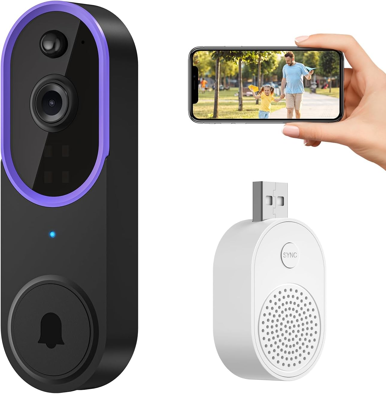 Campanello, ricevitore USB e smartphone con video di padre e figlio.