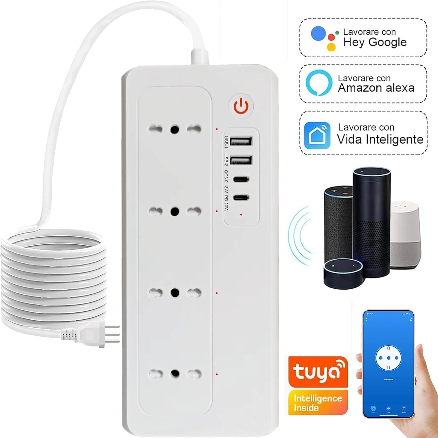 Multipresa bianca con porte USB, cavo di alimentazione e icone smart home.