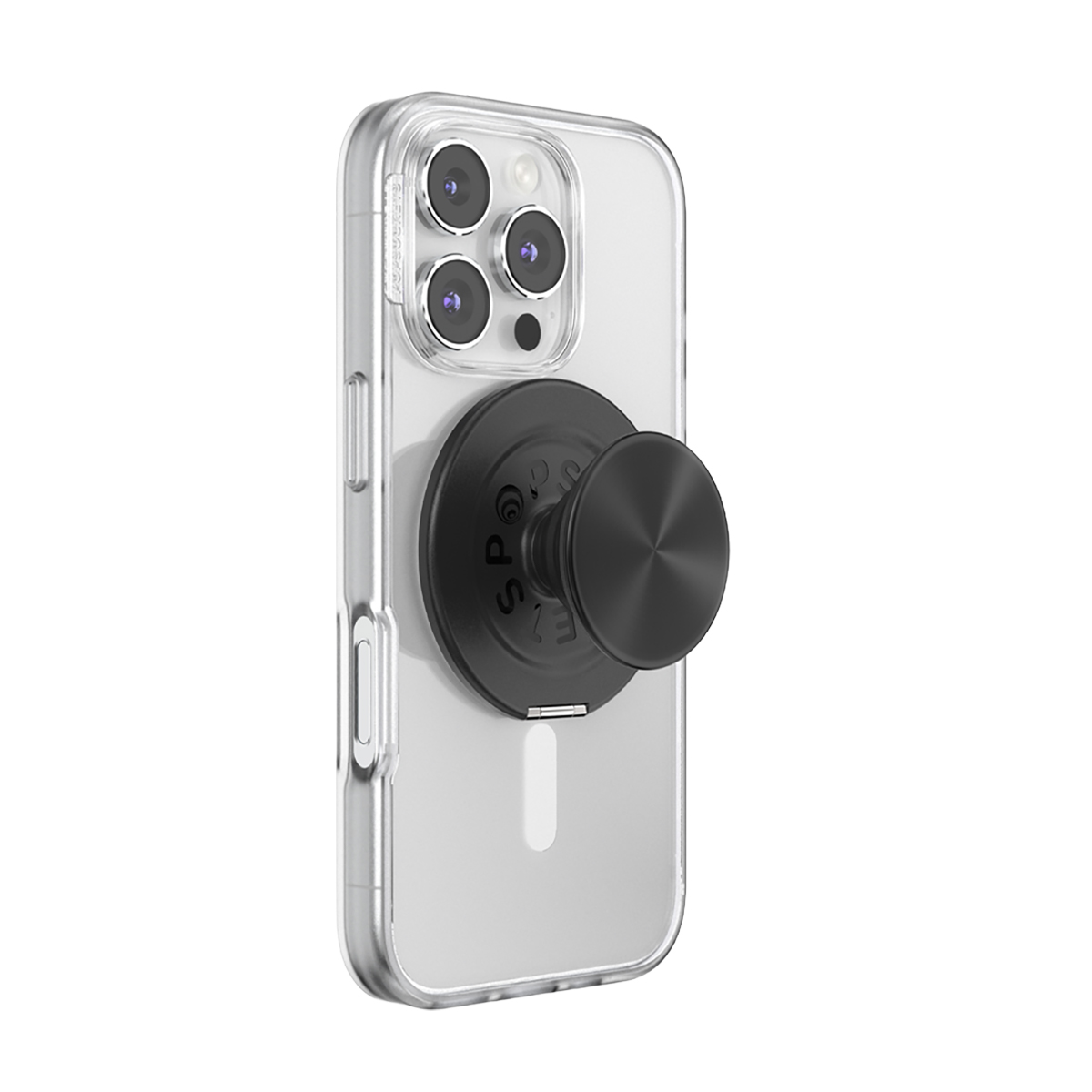 Una cover trasparente per telefono con PopSocket nero.