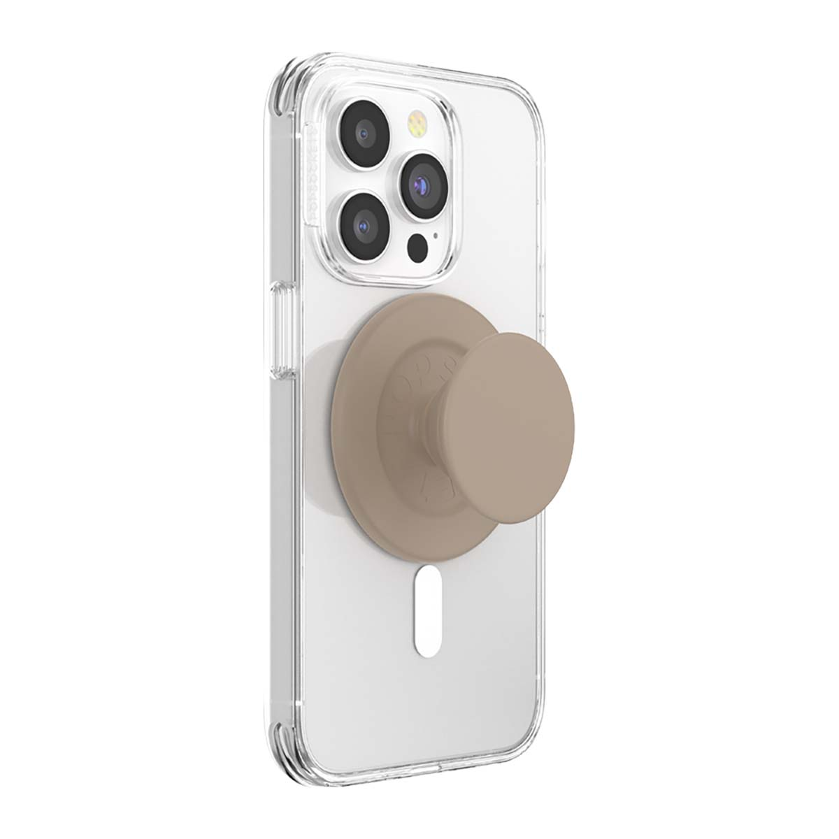 Una cover trasparente per telefono con un PopSocket color cuoio sul retro.