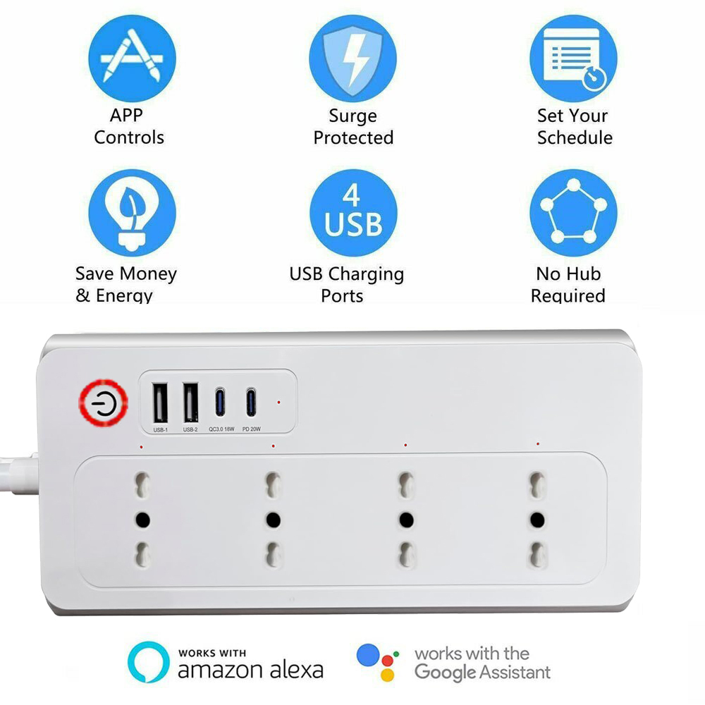 Multipresa bianca con 4 prese, 4 porte USB, compatibile Alexa e Google.