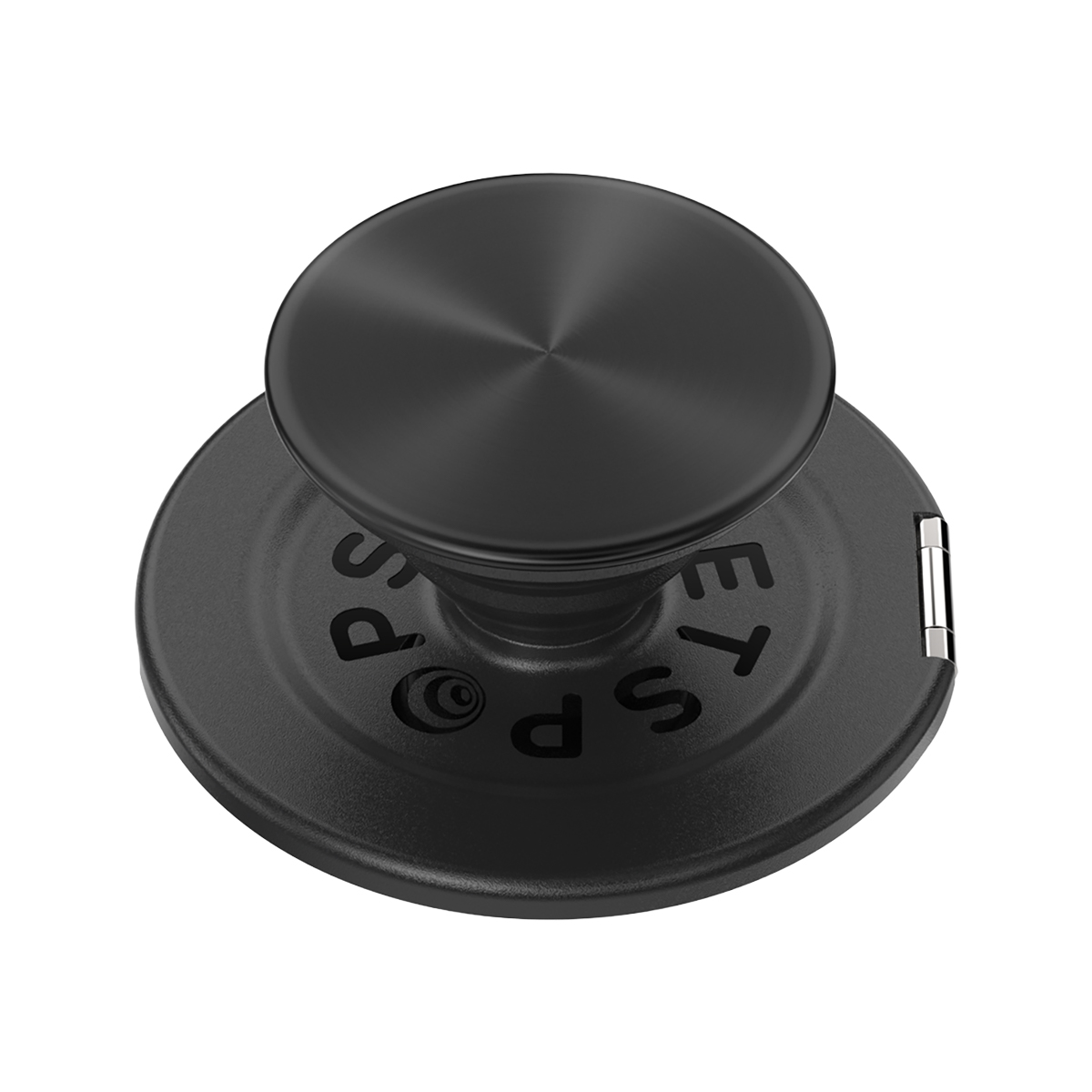 PopSocket nero con cerchi concentrici sulla parte superiore e logo inciso.