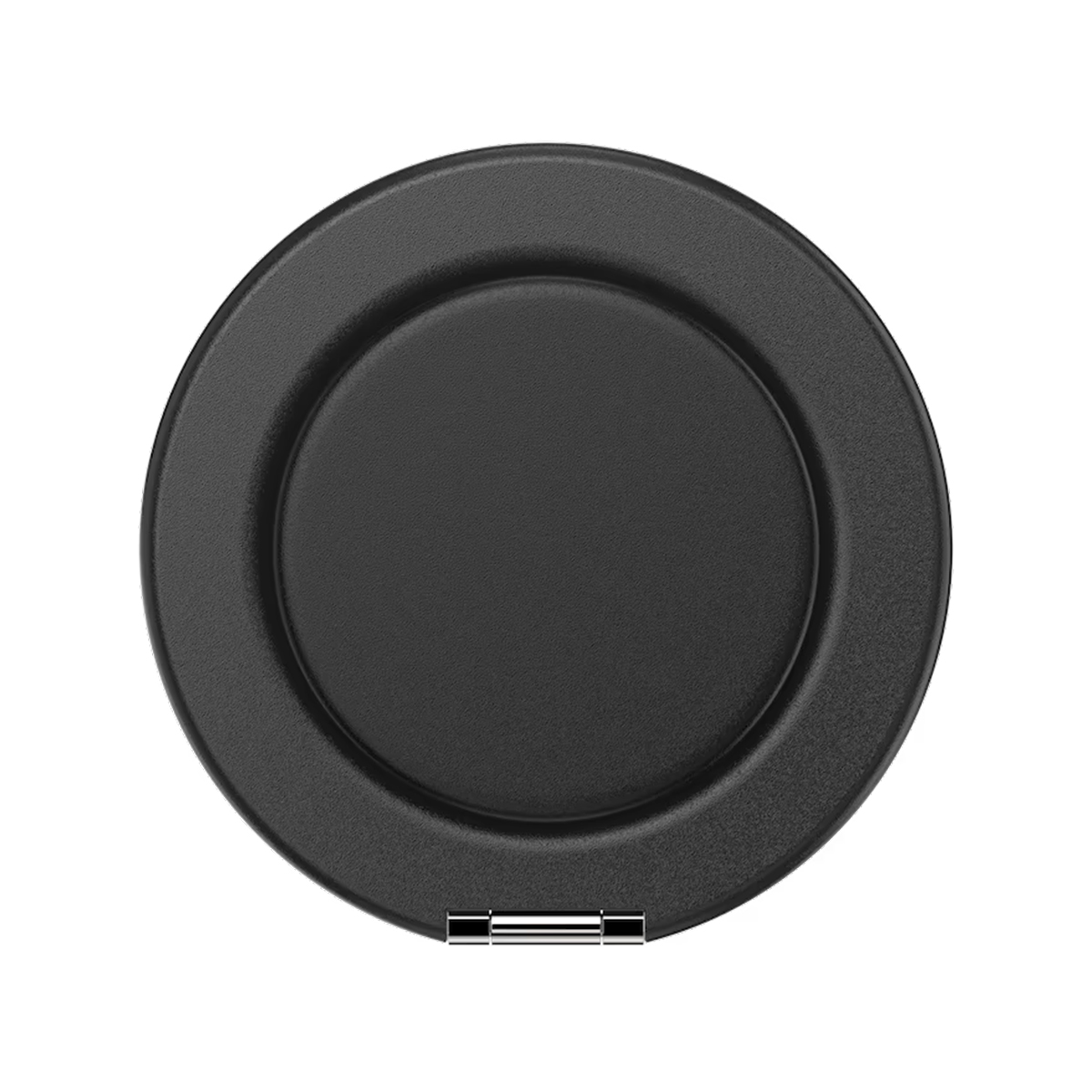 Coperchio rotondo nero con bordo rialzato e cerniera su sfondo bianco.