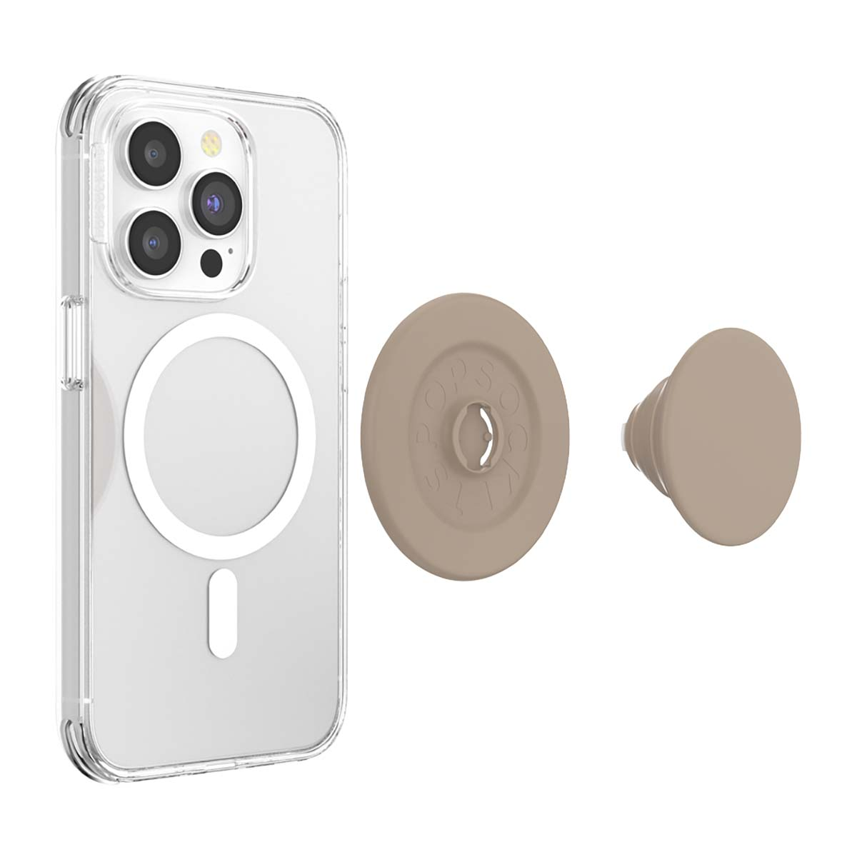 Custodia trasparente con anello magnetico, più un'impugnatura e un top PopSocket.