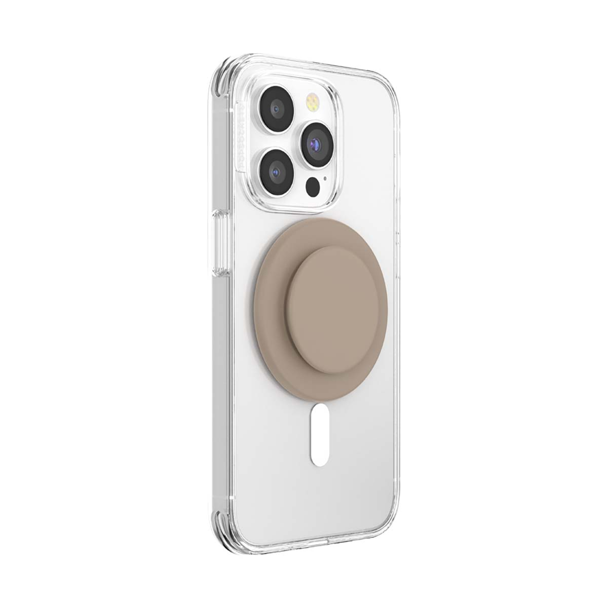 Custodia trasparente per telefono con impugnatura circolare beige e lenti.