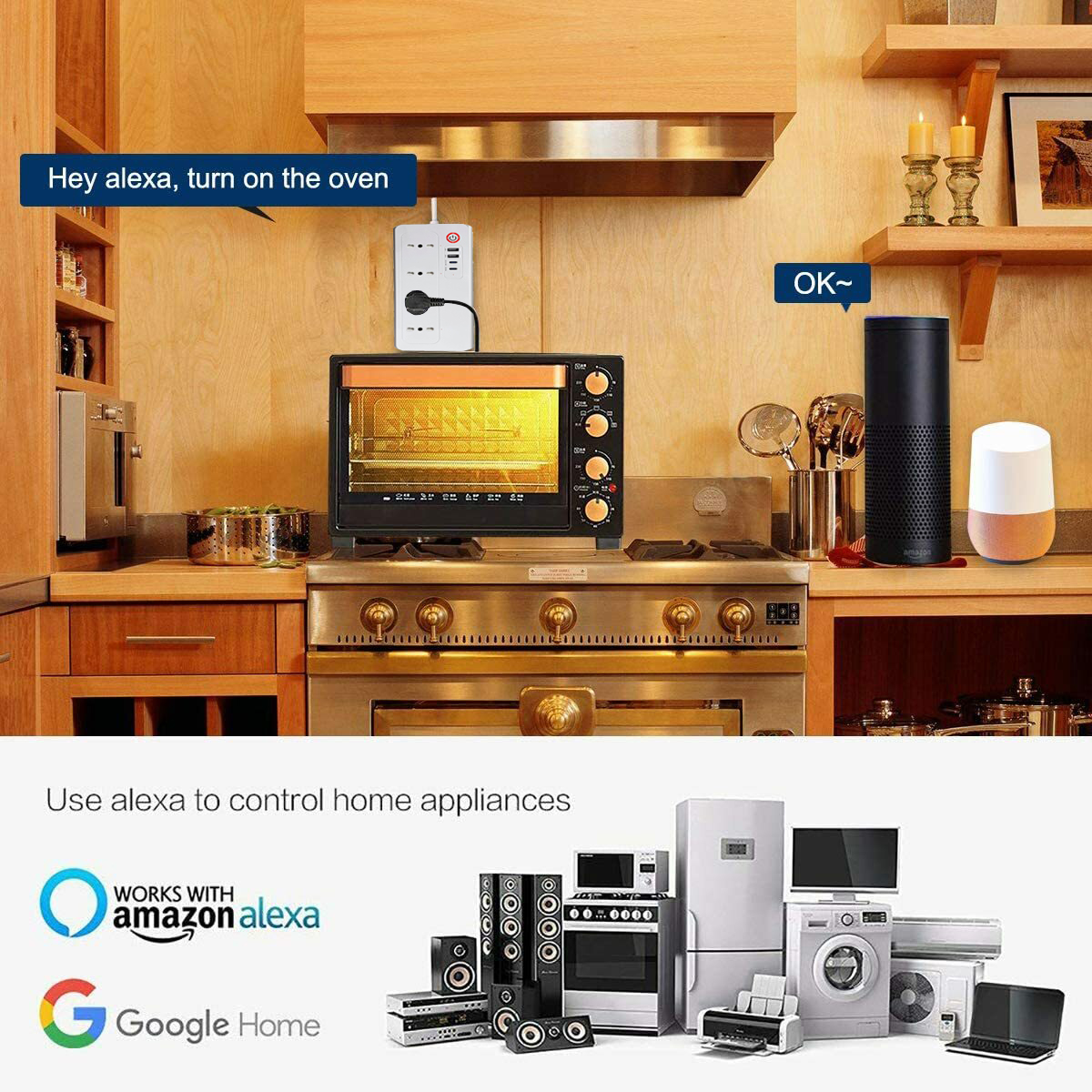 Un forno è controllato da Alexa. Altoparlanti intelligenti sono accanto.