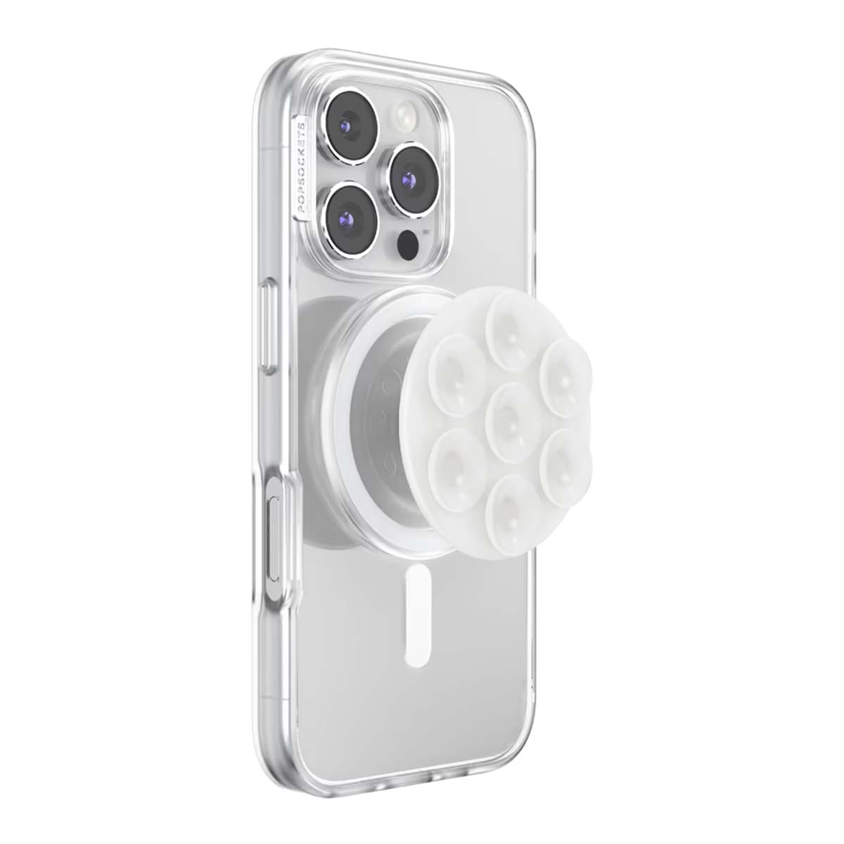 Cover trasparente per telefono con impugnatura PopSocket bianca sul retro, lenti visibili.