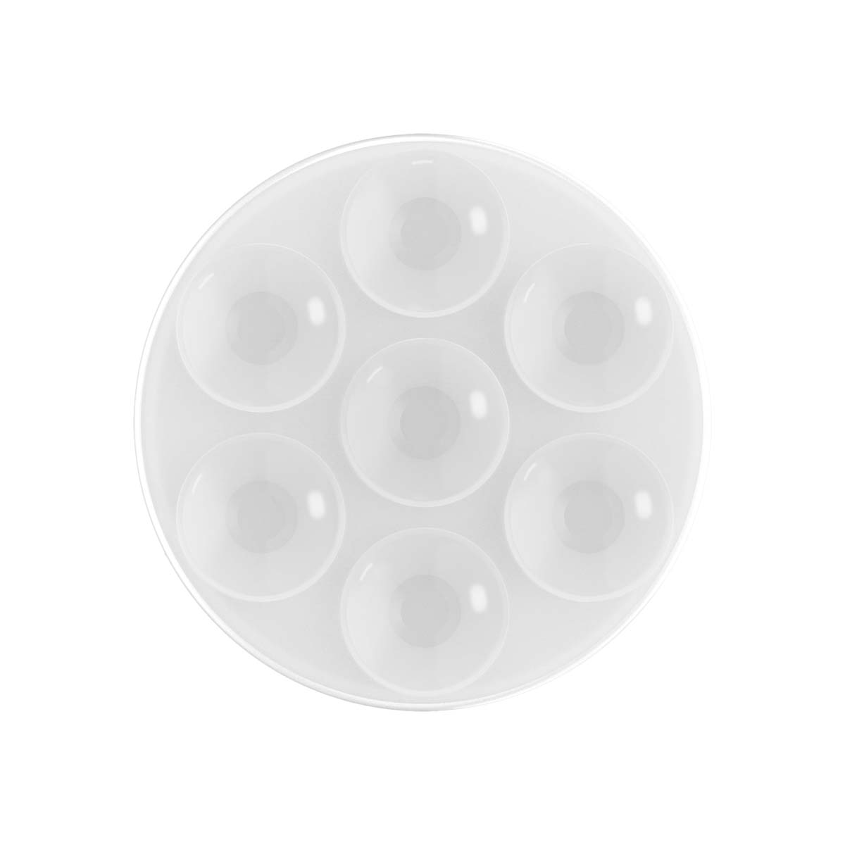 Piatto bianco rotondo con sette incavi per colori o piccoli oggetti.