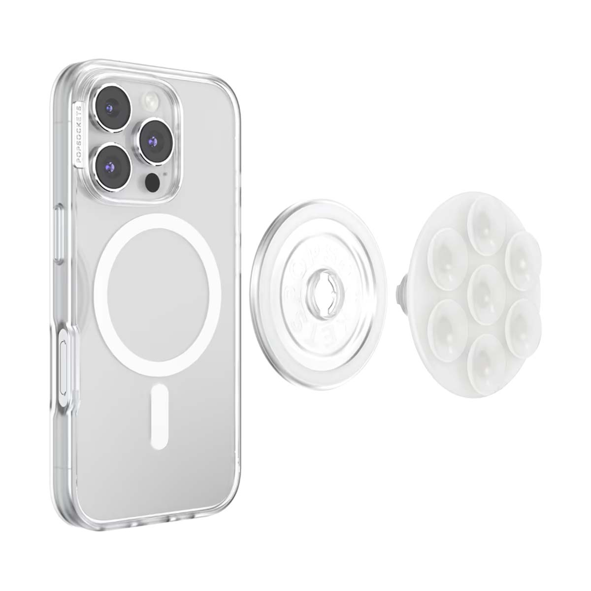 Custodia trasparente per iPhone con MagSafe e due accessori PopSockets.