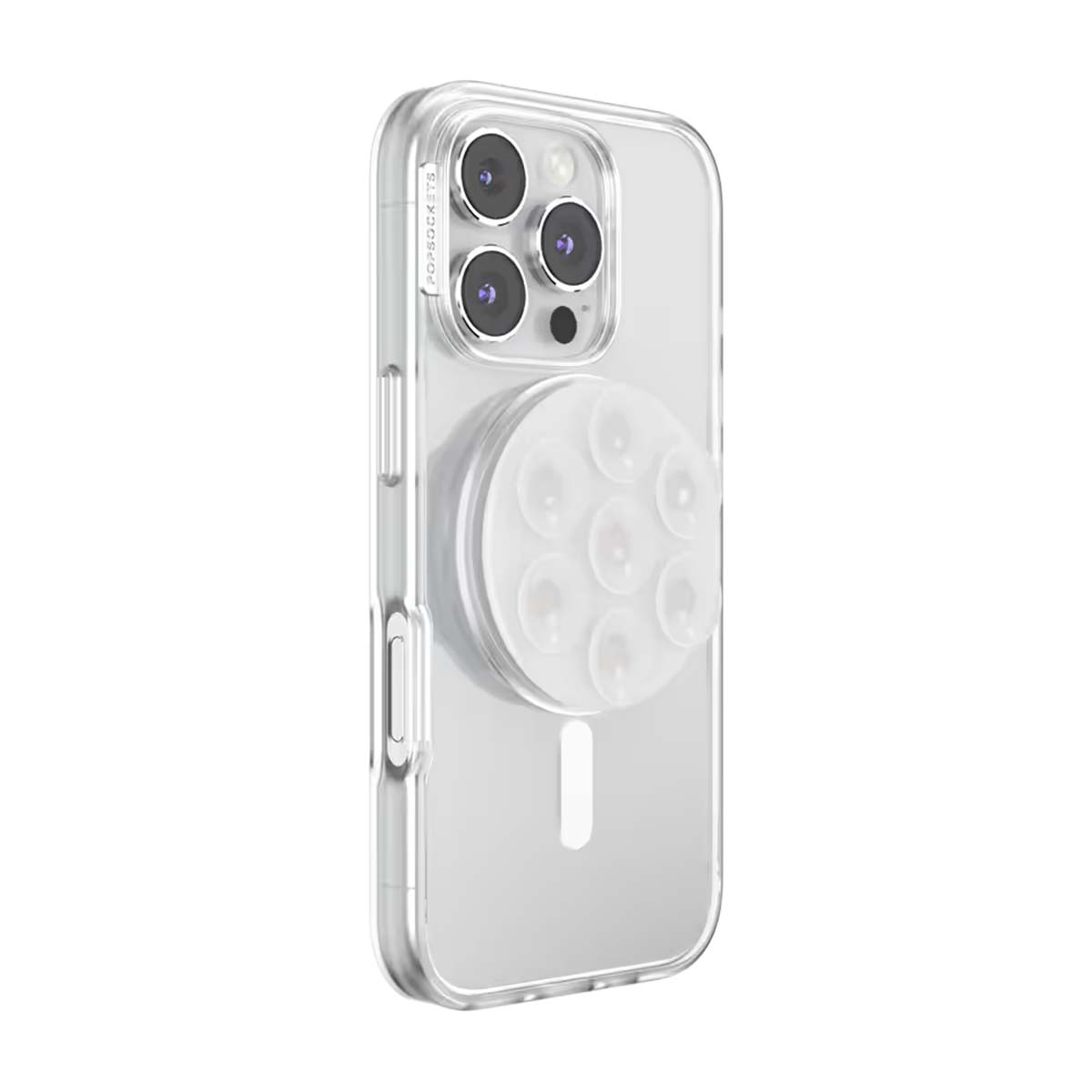 Custodia trasparente per telefono con tre fotocamere e impugnatura PopSocket bianca.