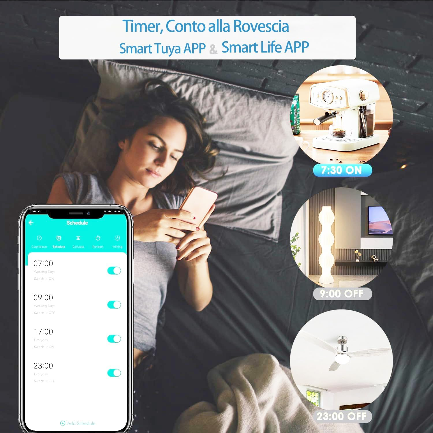 Donna usa smartphone con app timer; macchina caffè, lampada, ventilatore.