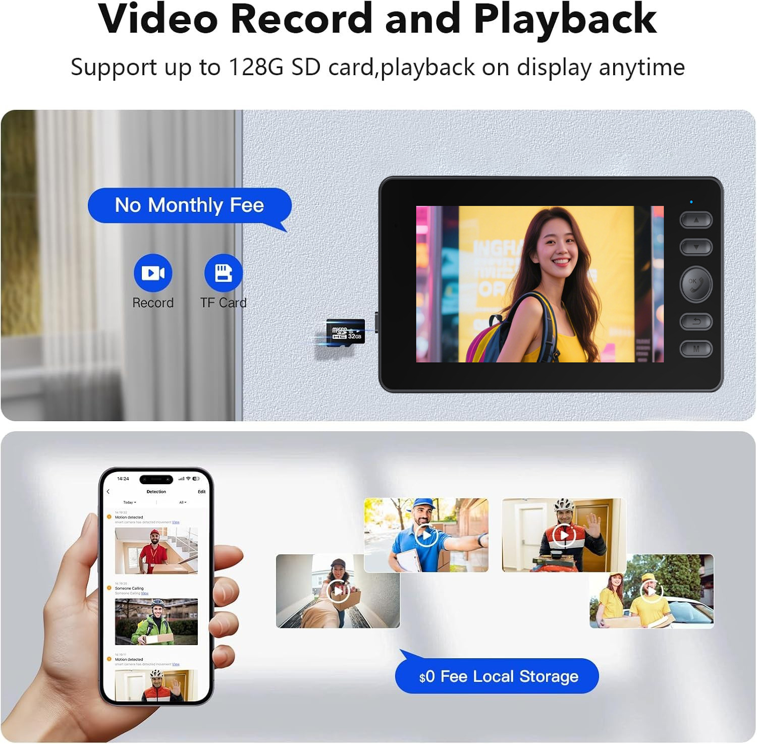 Uno schermo mostra una donna e un'app per telefono con clip video.