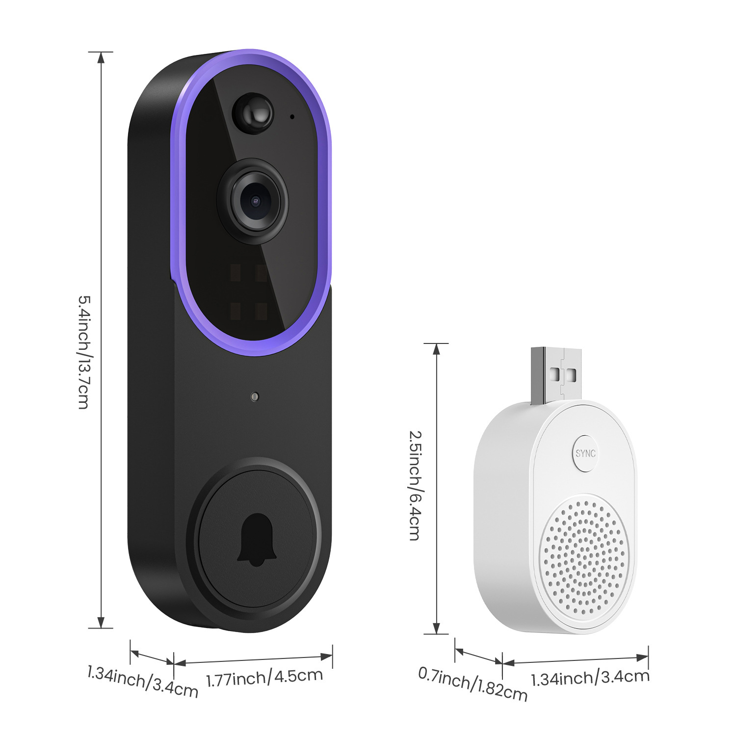Campanello nero con finiture viola e ricevitore USB bianco.