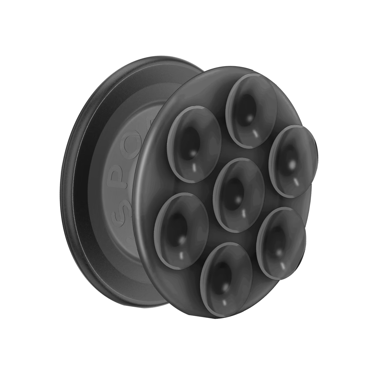 Supporto per telefono nero con otto ventose su base rotonda.