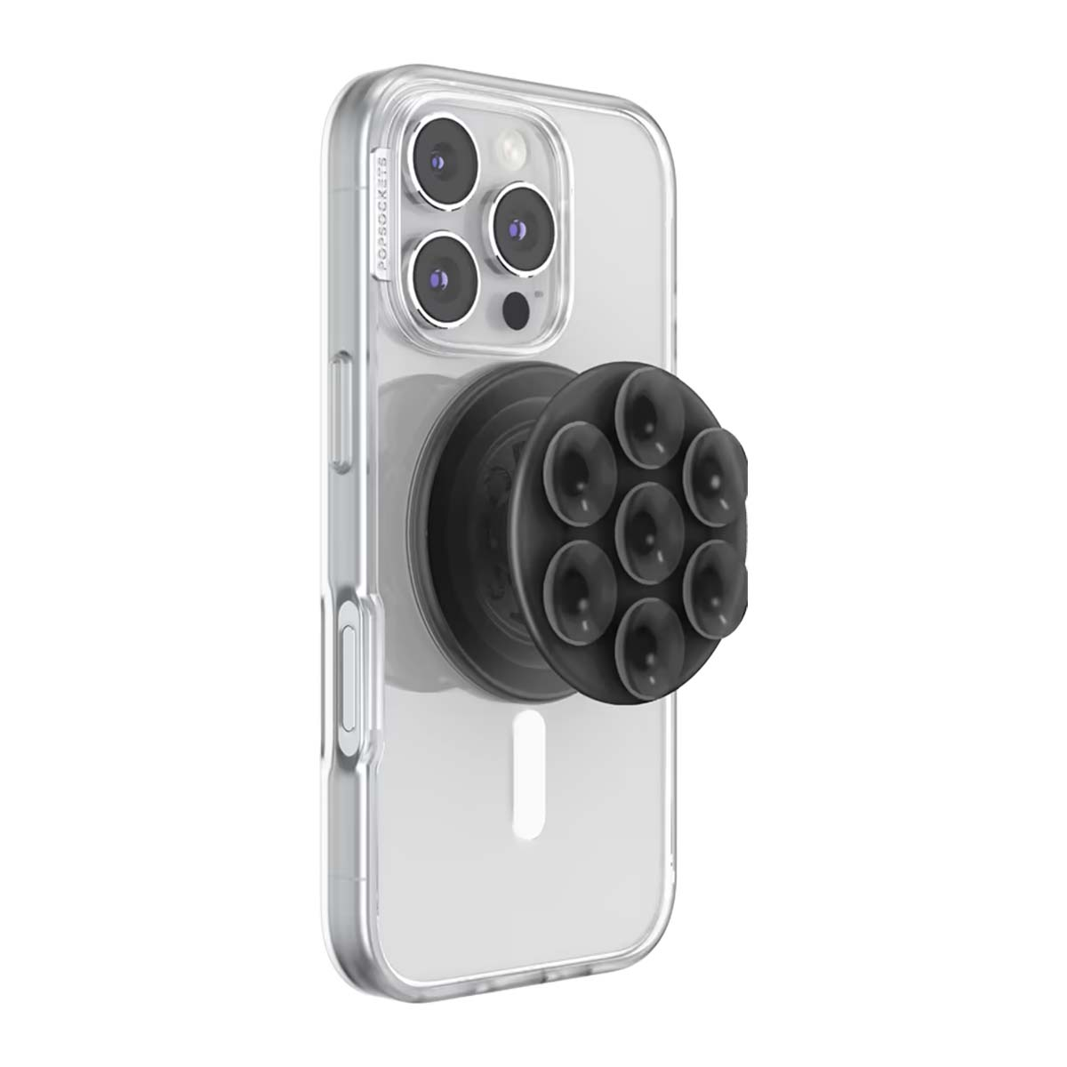 Una cover trasparente per telefono con un PopSocket nero sul retro.