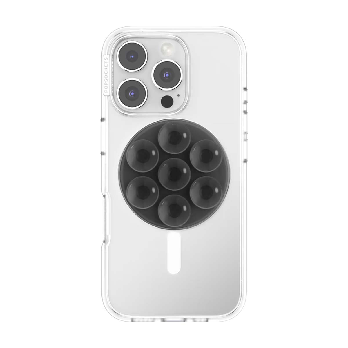 Custodia trasparente per telefono con un Popsocket nero a più sfere.