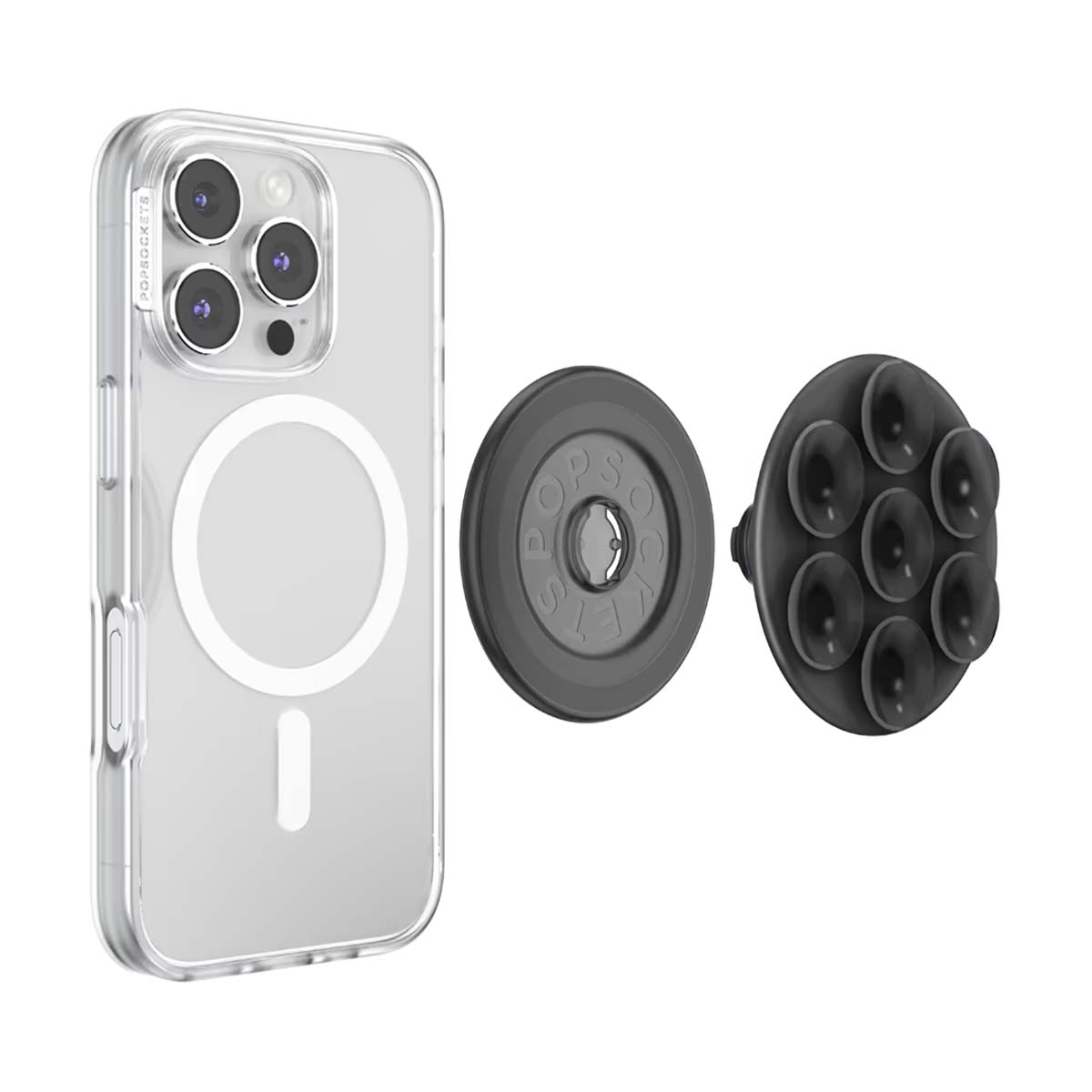 Custodia trasparente per telefono con anello magnetico e due supporti scuri accanto.