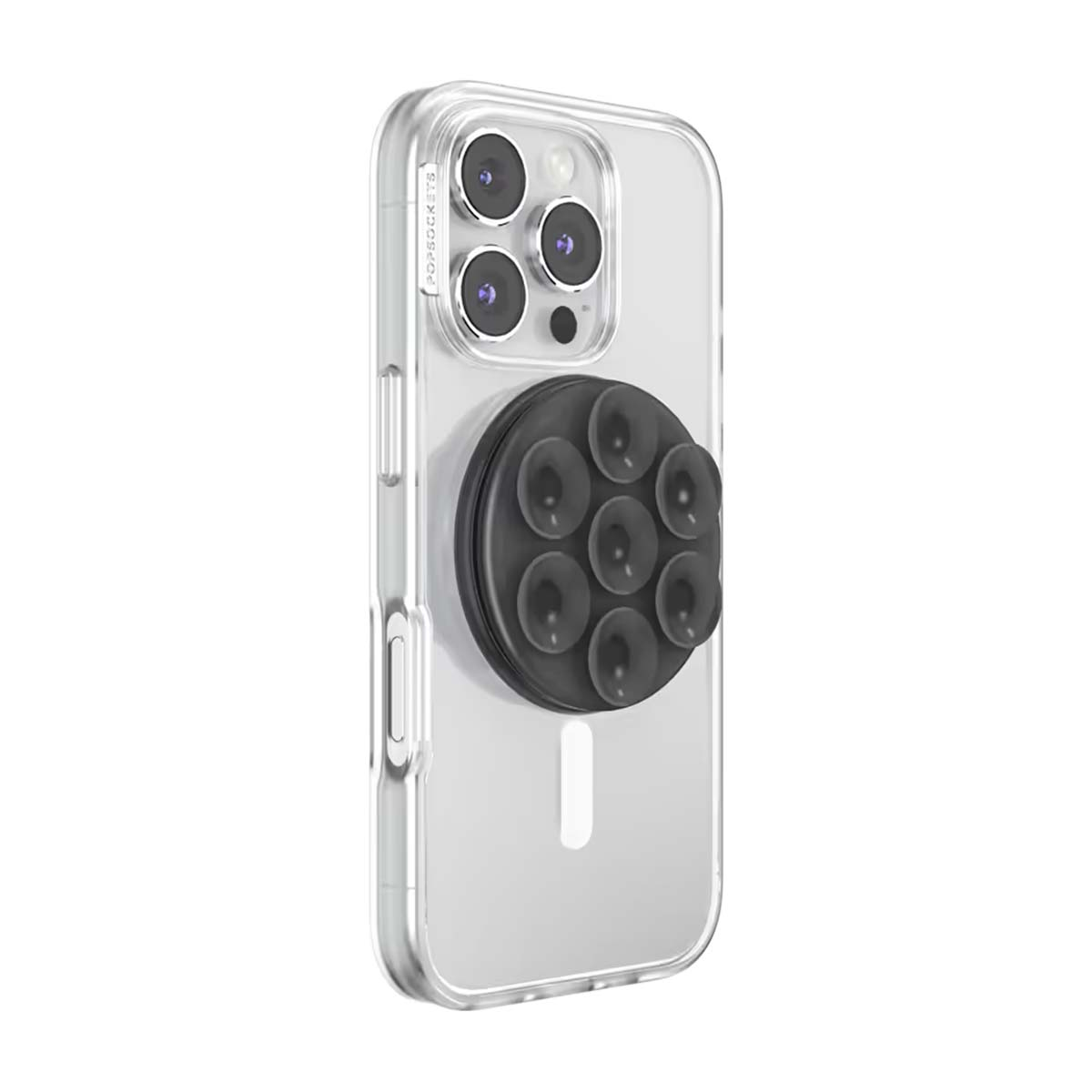 Una custodia trasparente per iPhone con un supporto PopSockets nero sul retro.