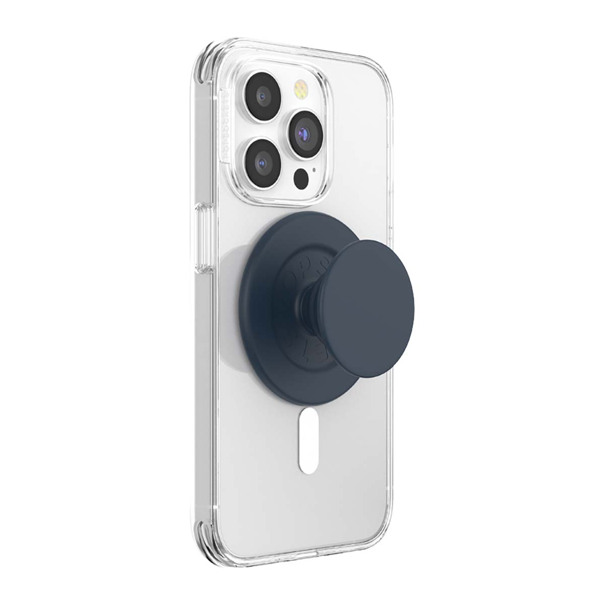 Una custodia trasparente per telefono con un PopSocket blu scuro sul retro.
