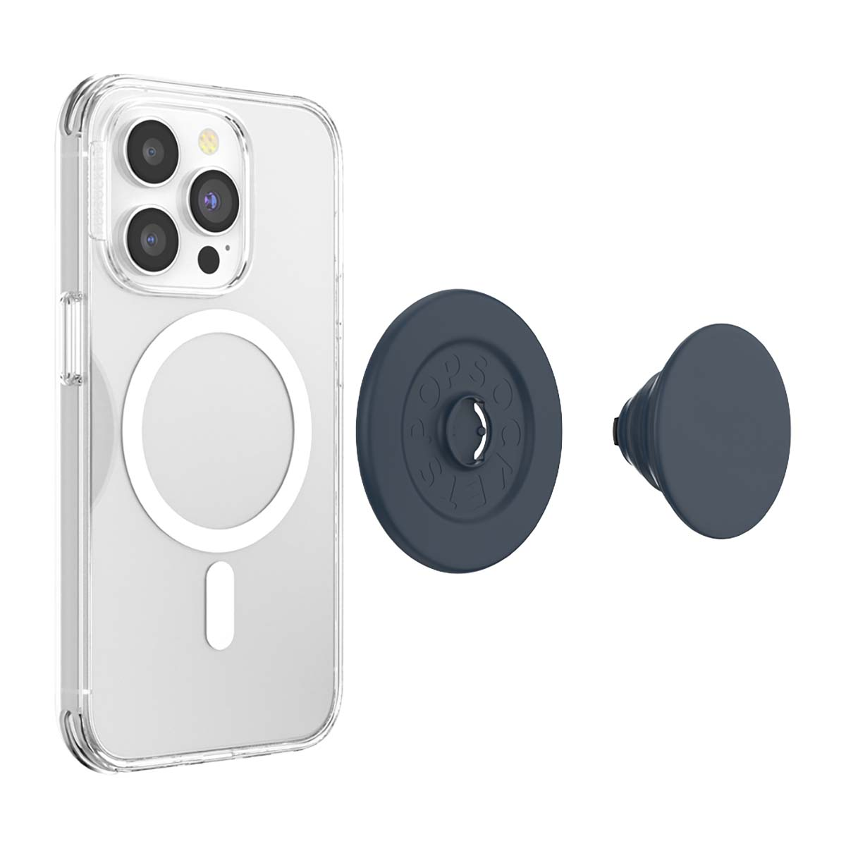 Una custodia trasparente per telefono con un anello magnetico e un PopSocket blu accanto.