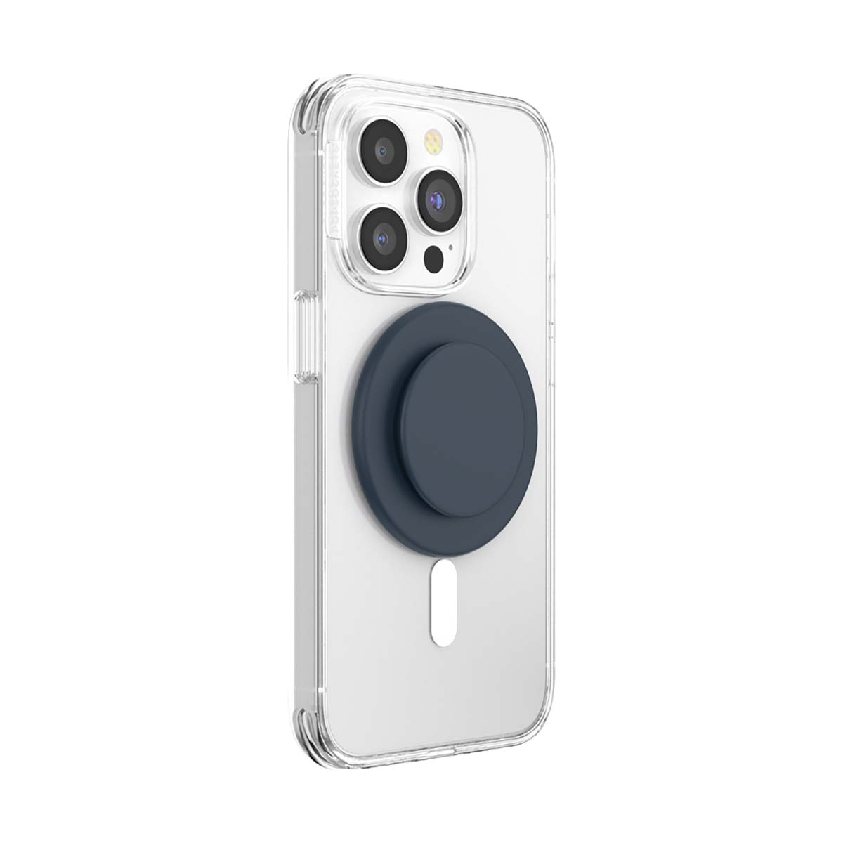 Una custodia trasparente per iPhone con accessorio impugnatura blu scuro.