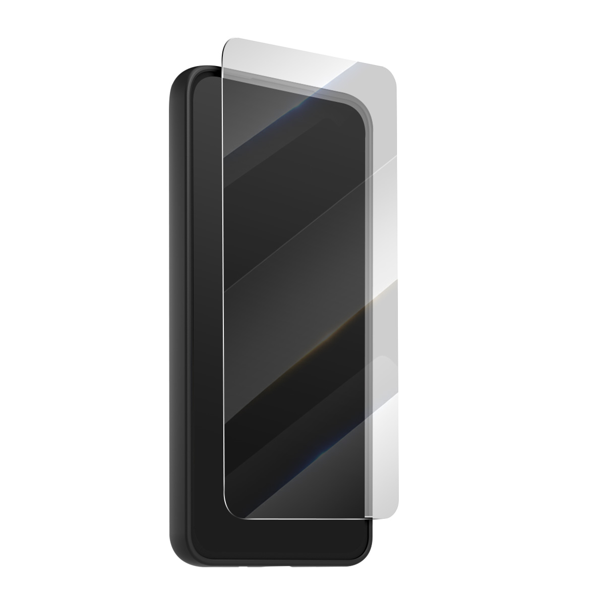 Eine Displayschutzfolie wird auf ein schwarzes Smartphone gelegt.