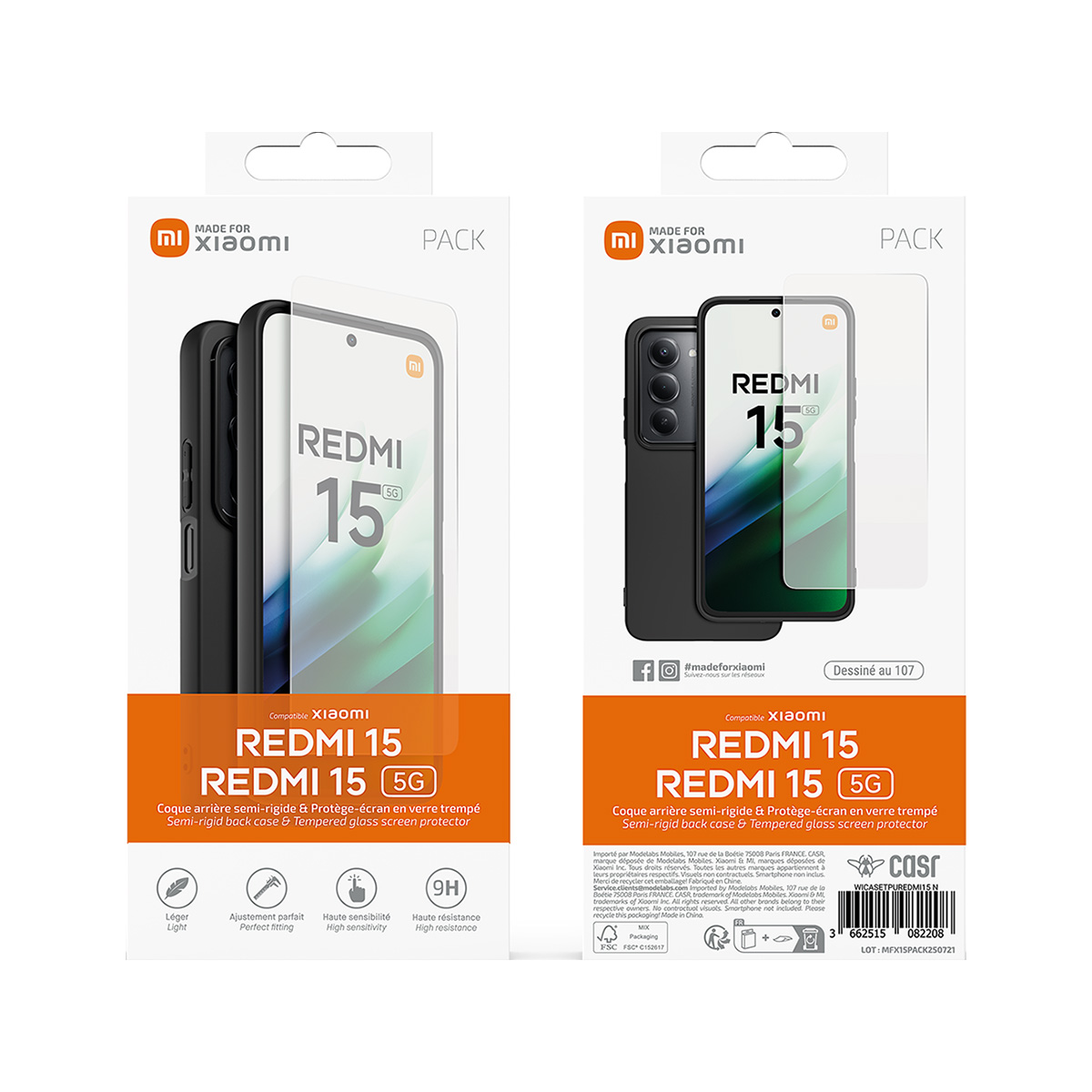 Packung mit Hülle und Displayschutz für Redmi 15 5G.