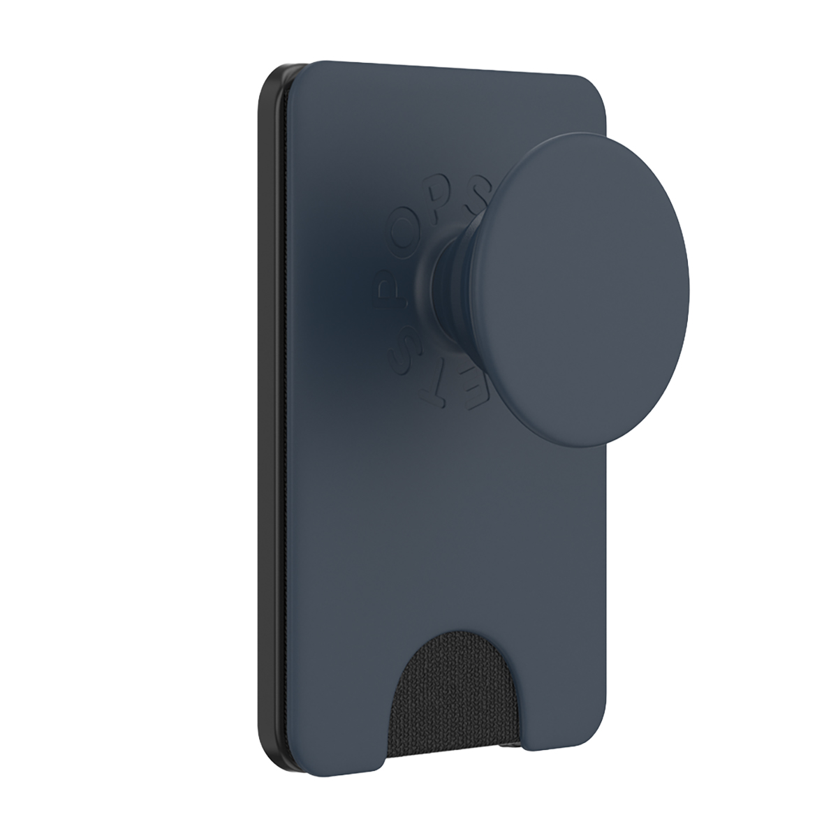 Supporto PopSocket grigio scuro con slot per carte e elastico nero.