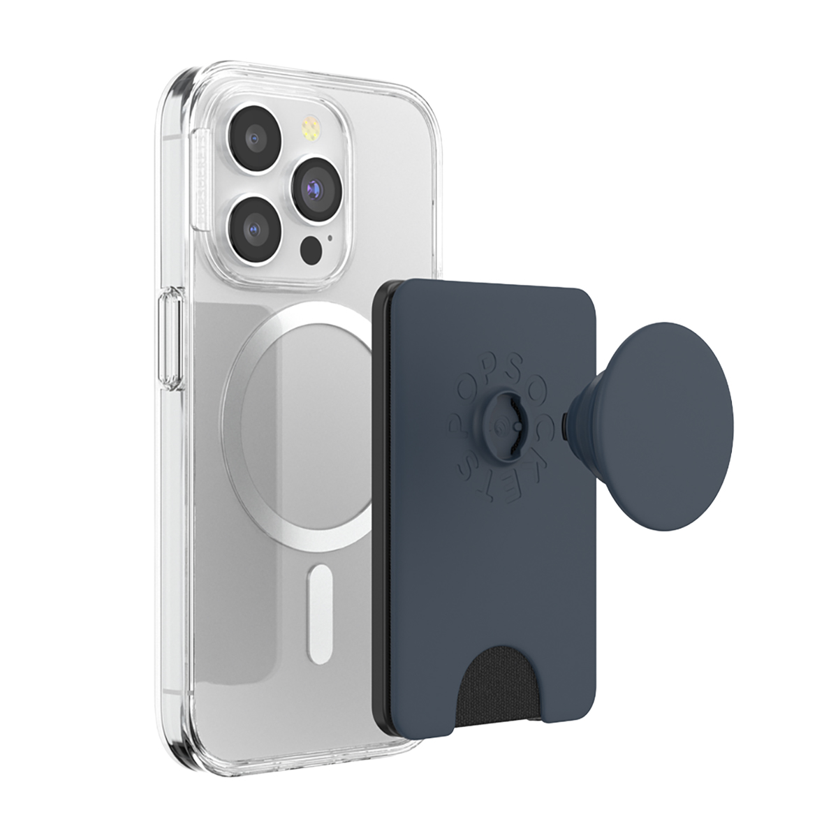 Custodia trasparente per telefono con PopSocket blu scuro e porta carte.