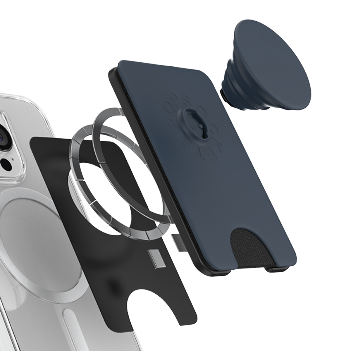 Vista esplosa di cover per telefono con anello magnetico e PopSocket blu.