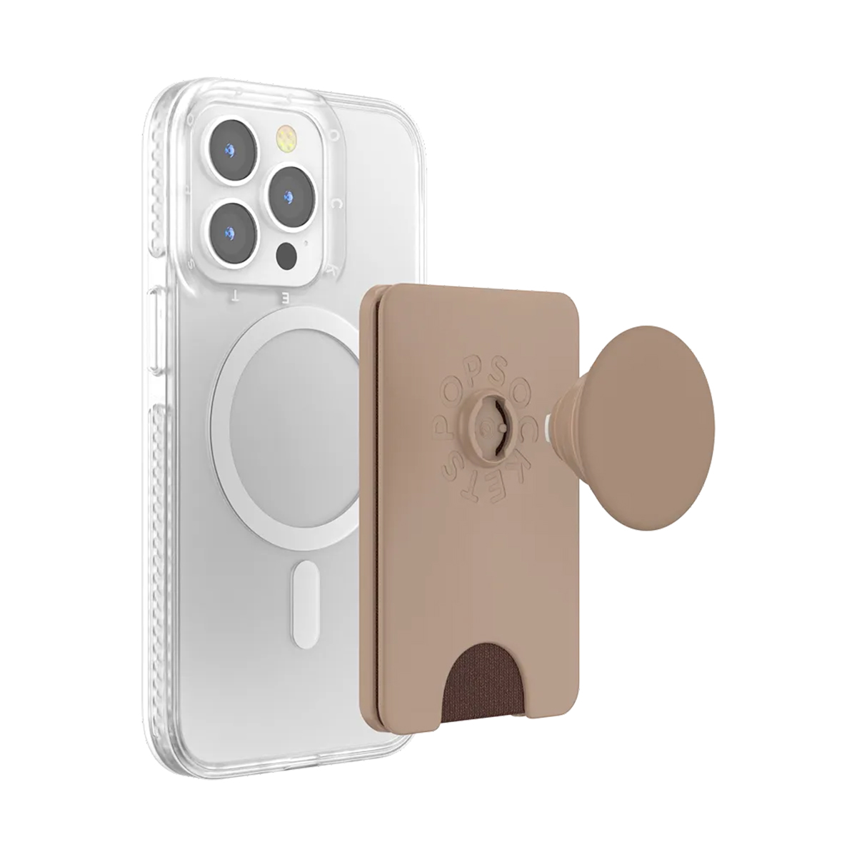 Un telefono trasparente con impugnatura e porta carte marrone.