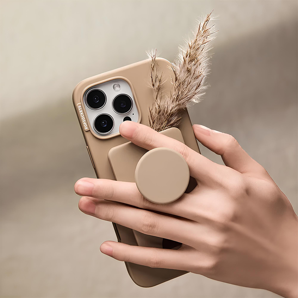 Una mano tiene un telefono beige con un pop socket e un ramoscello d'erba secca.