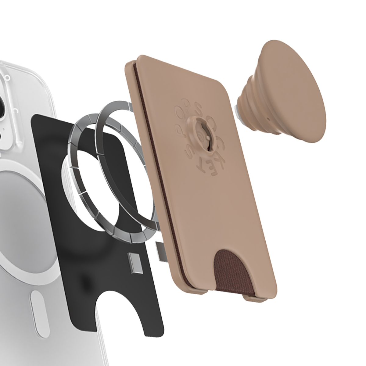 Vista esplosa di un porta telefono con anello magnetico e PopSocket beige.