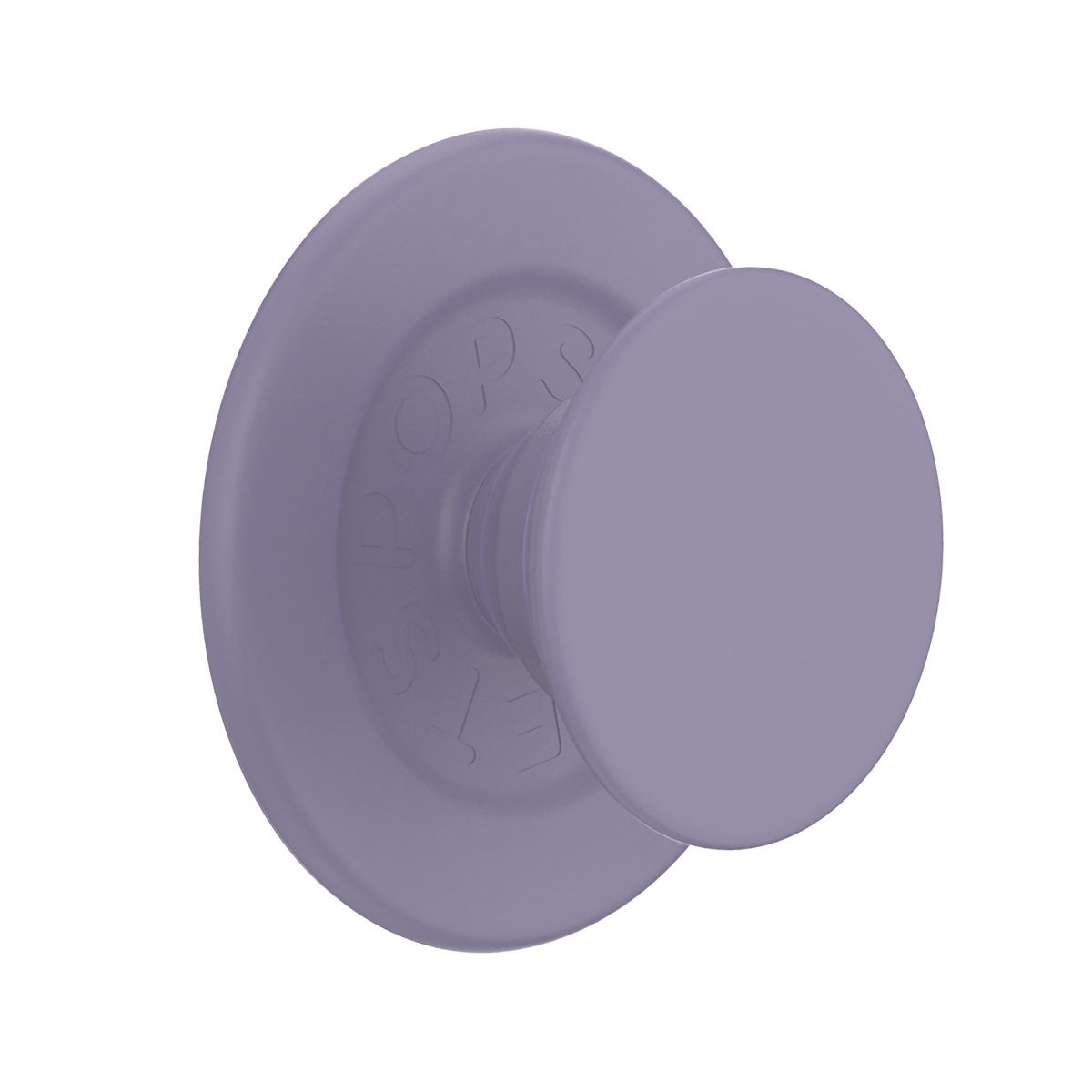 Un'impugnatura PopSocket lavanda con logo in rilievo su sfondo bianco.