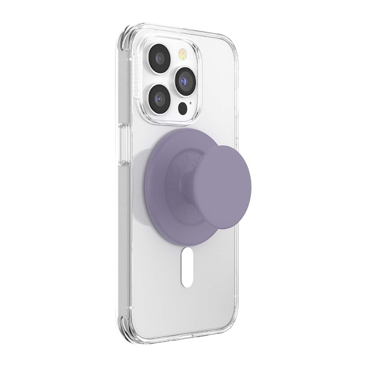 Una custodia trasparente per iPhone con impugnatura PopSocket viola sul retro.