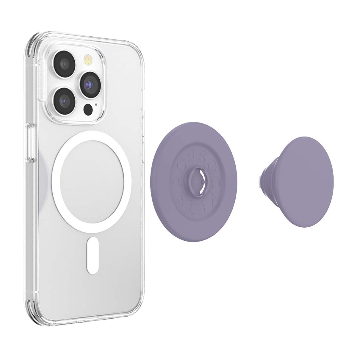 Custodia trasparente per telefono con MagSafe e due accessori PopSockets viola.