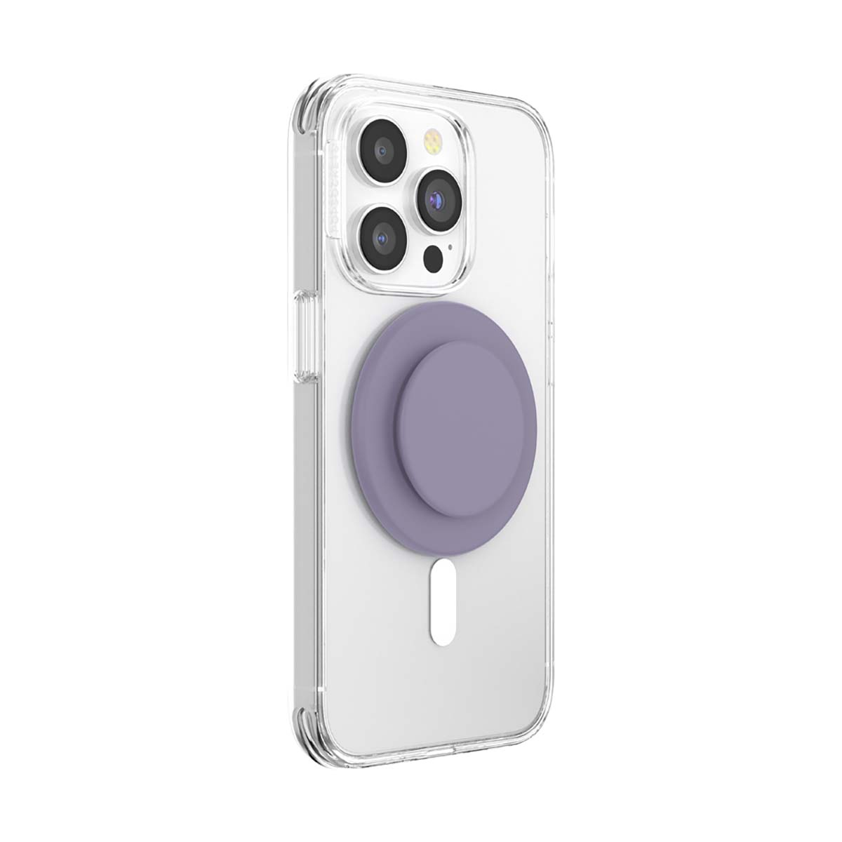Una custodia trasparente per iPhone con tre fotocamere e un'impugnatura viola.