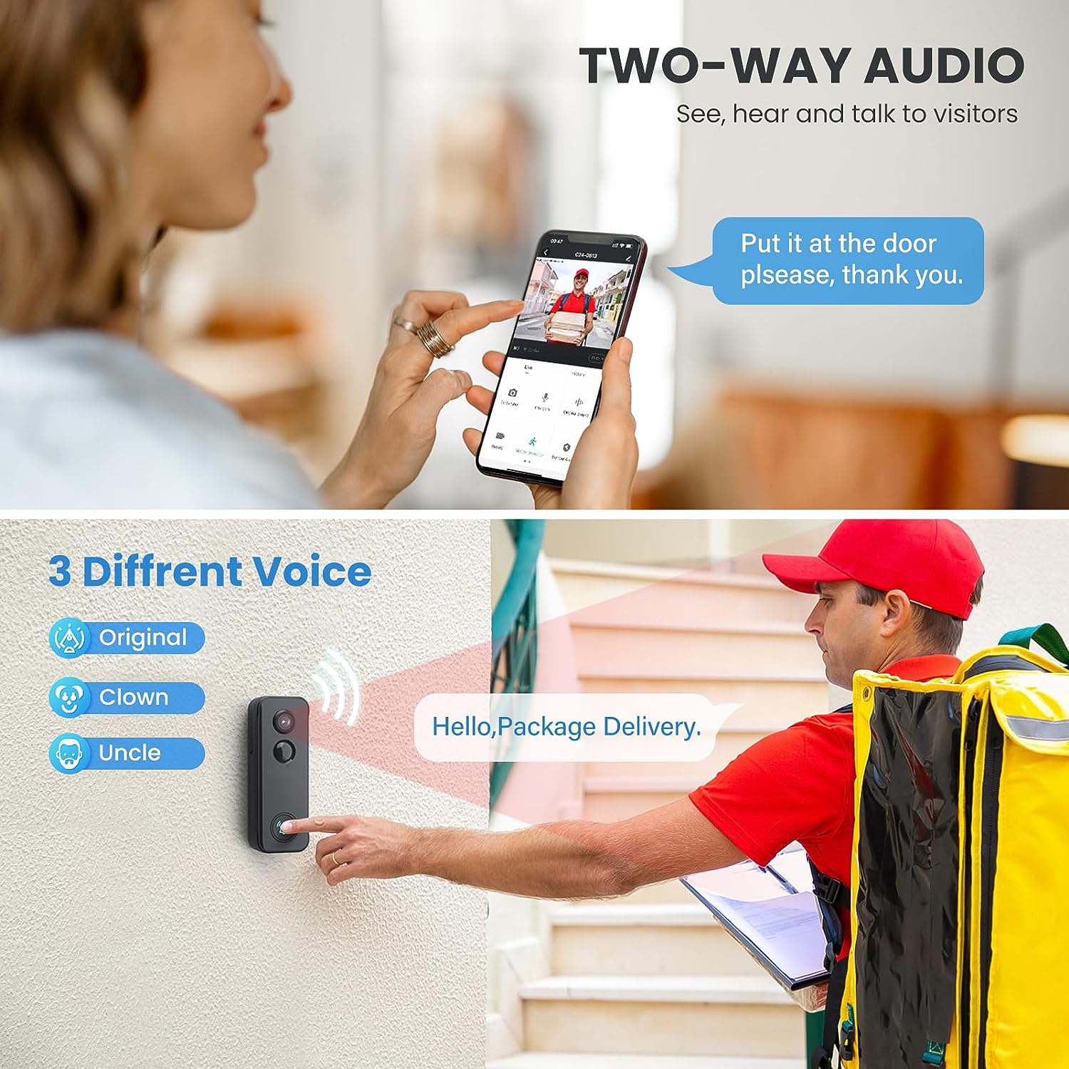 Audio bidirezionale: Una donna usa uno smartphone per parlare con un fattorino.