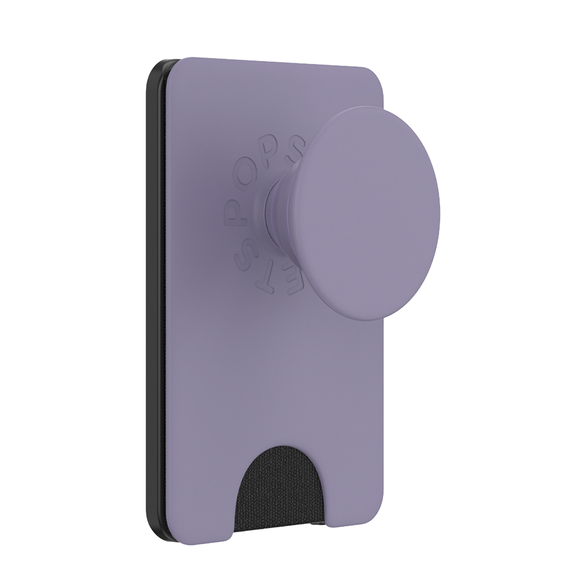 Un grip per telefono lavanda con Pop-Socket attaccato a una custodia nera.