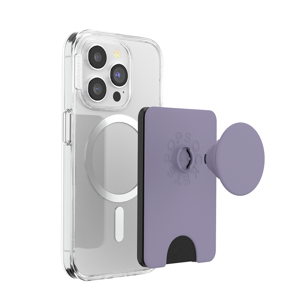 Custodia viola per telefono con porta carte e supporto PopSocket su un iPhone trasparente.