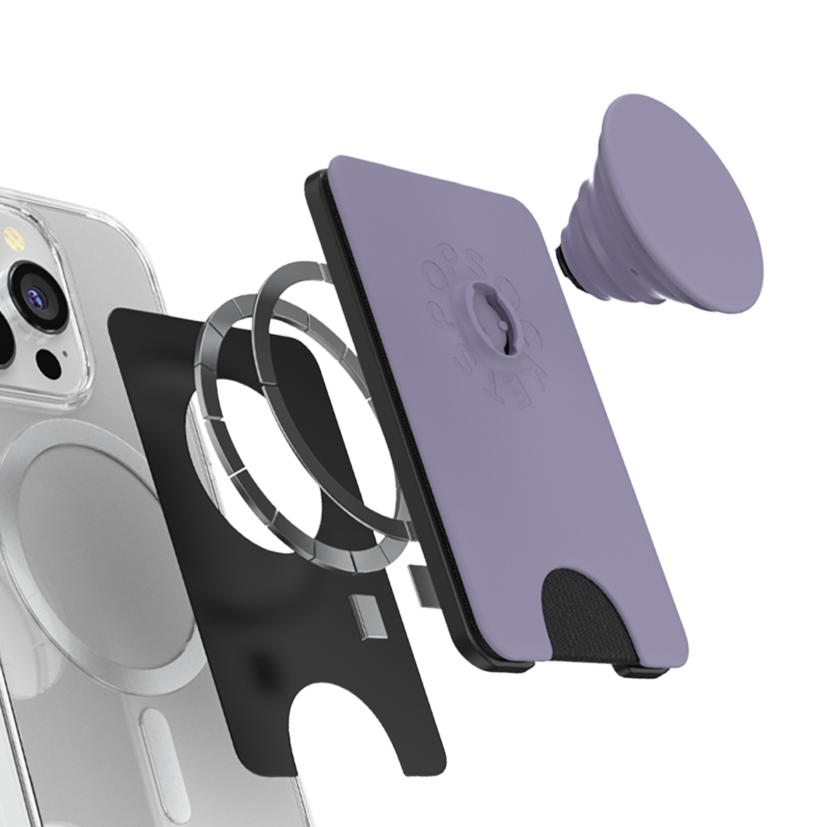 Una presa PopSocket viola, un supporto e una custodia per iPhone impilati.
